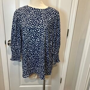 Navy White Dalmation Dot Print Blouse Top Women's Size L Smocked Cuffs